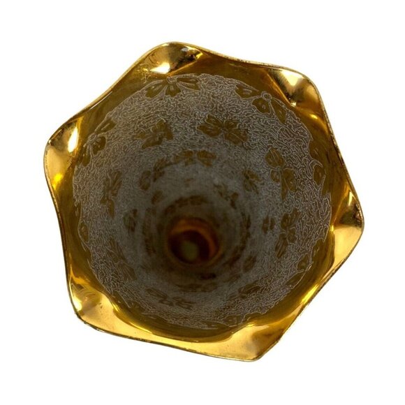 Gold Gilt Plated Etched Glass Bud Vase Floral Design Scalloped Edge Vintage - Picture 4 of 6